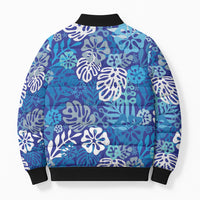 Blue Aloha Hawaiian Bomber Puffer Jacket Monstera Hibiscus Tropical Pattern