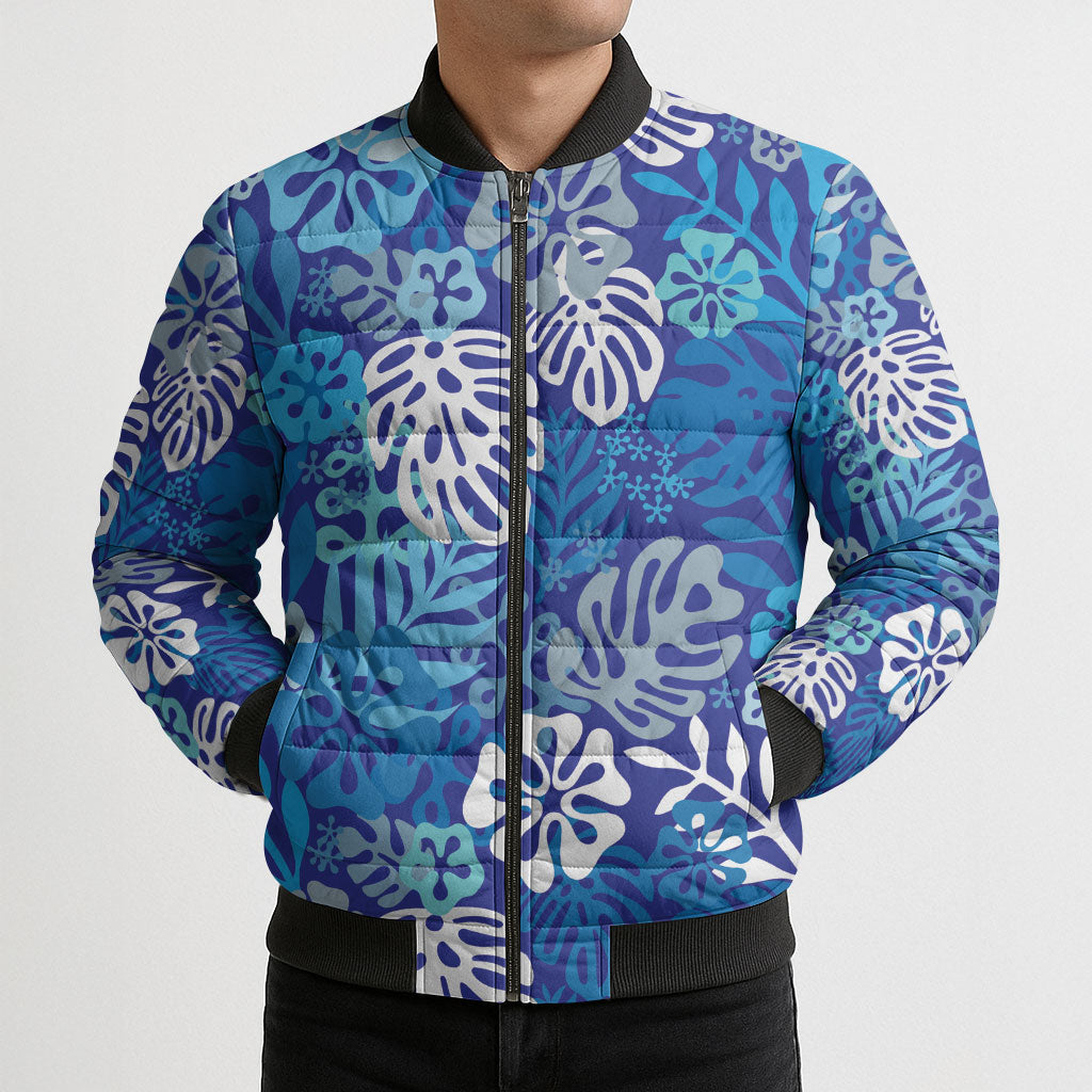 Blue Aloha Hawaiian Bomber Puffer Jacket Monstera Hibiscus Tropical Pattern