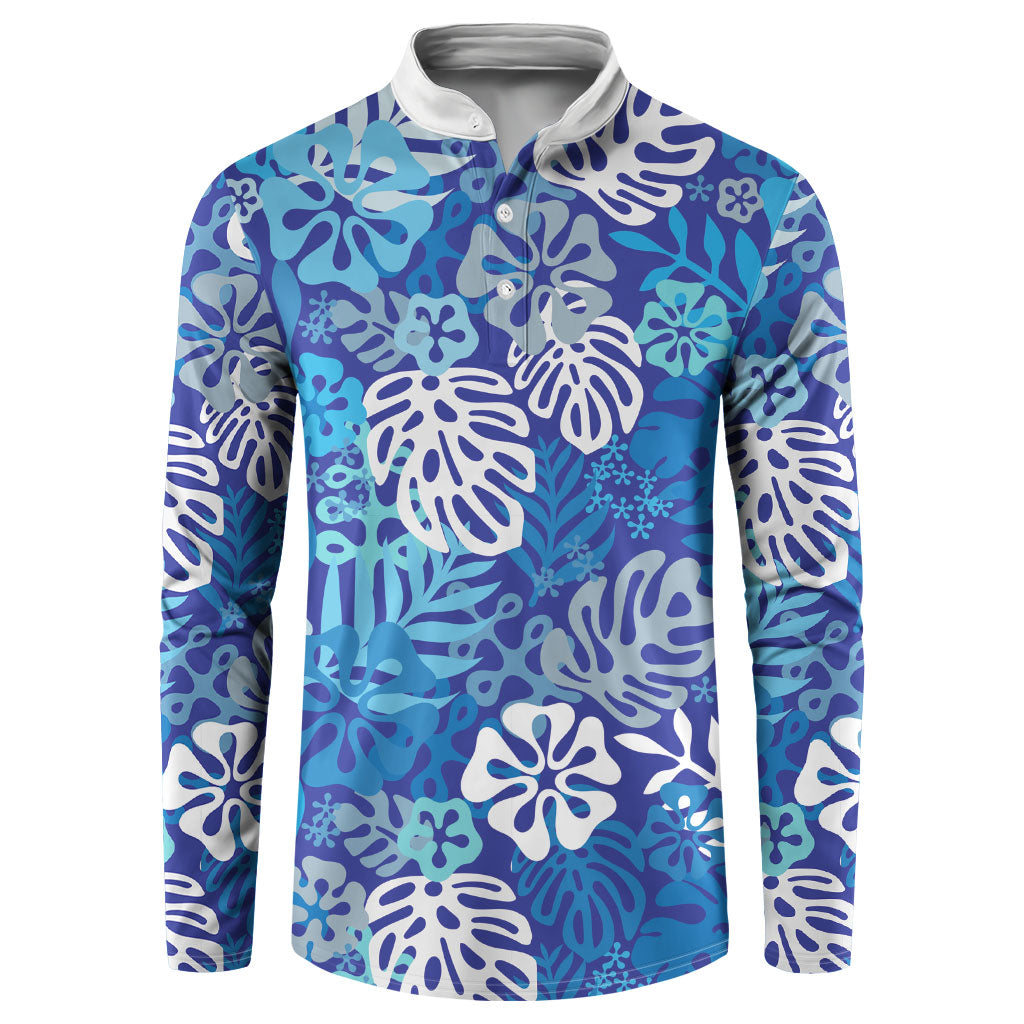 Blue Aloha Hawaiian Button Sweatshirt Monstera Hibiscus Tropical Pattern