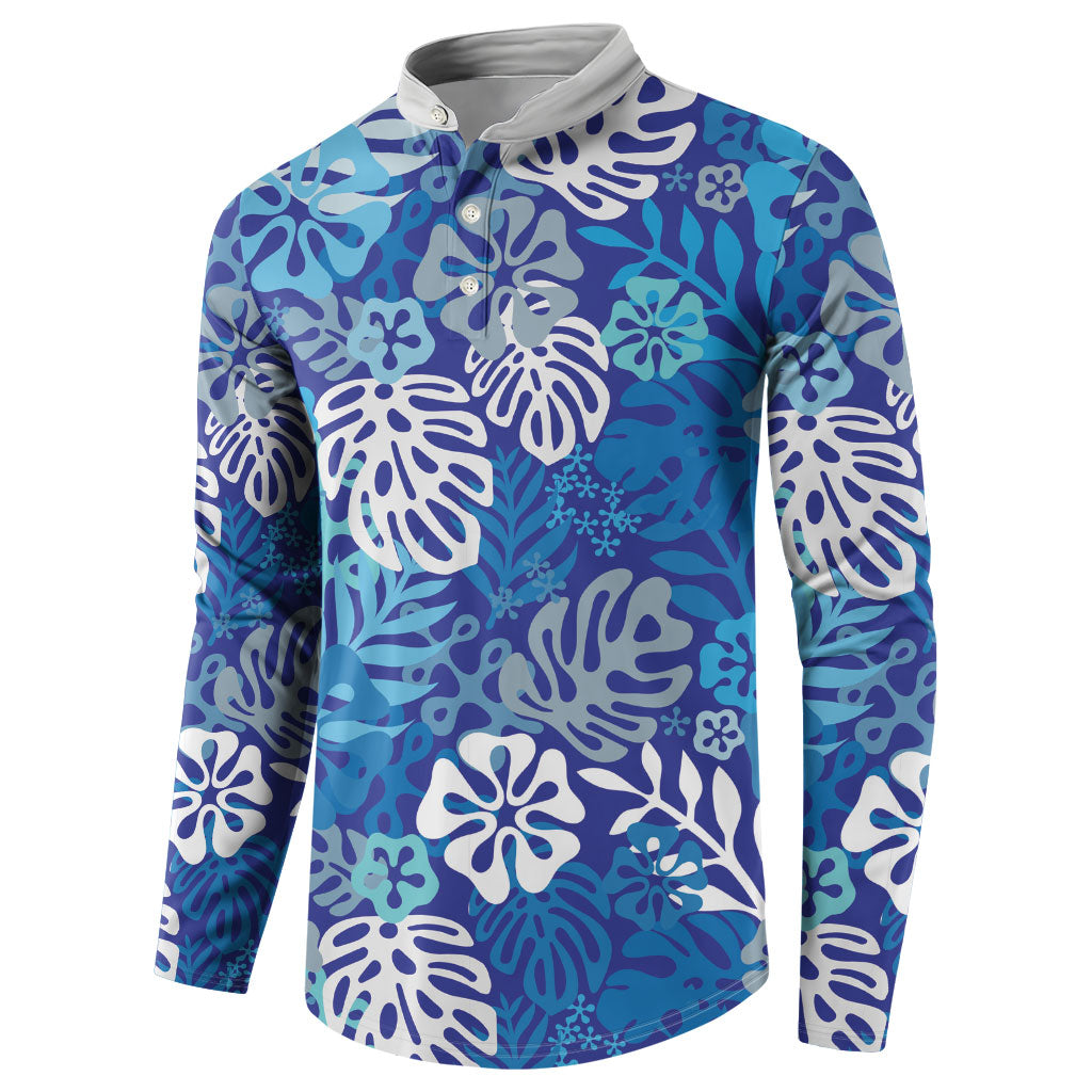 Blue Aloha Hawaiian Button Sweatshirt Monstera Hibiscus Tropical Pattern