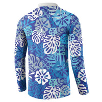 Blue Aloha Hawaiian Button Sweatshirt Monstera Hibiscus Tropical Pattern