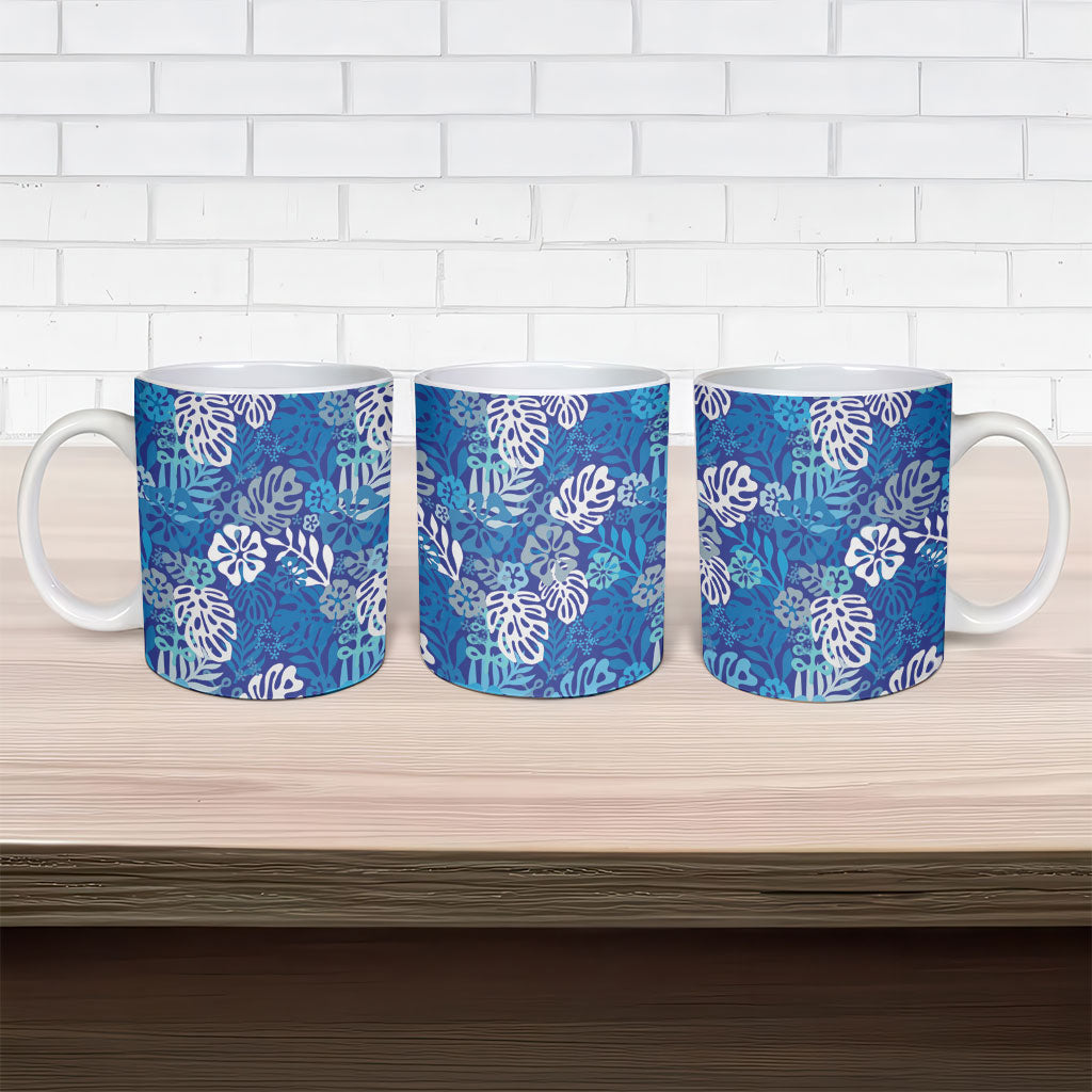 Blue Aloha Hawaiian Ceramic Mug Monstera Hibiscus Tropical Pattern