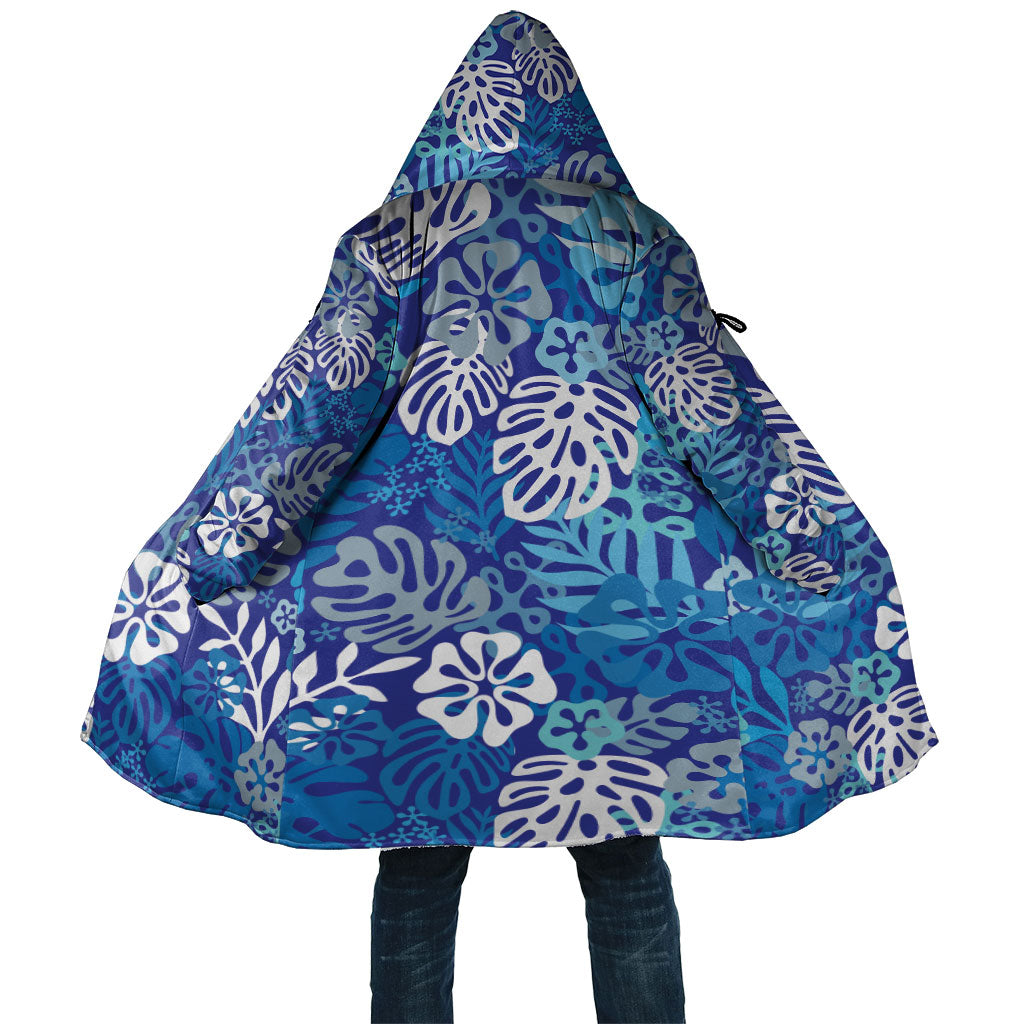 Blue Aloha Hawaiian Cloak Monstera Hibiscus Tropical Pattern