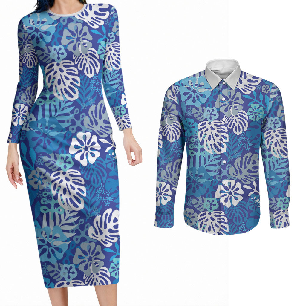 Blue Aloha Hawaiian Couples Matching Long Sleeve Bodycon Dress and Long Sleeve Button Shirt Monstera Hibiscus Tropical Pattern