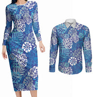 Blue Aloha Hawaiian Couples Matching Long Sleeve Bodycon Dress and Long Sleeve Button Shirt Monstera Hibiscus Tropical Pattern