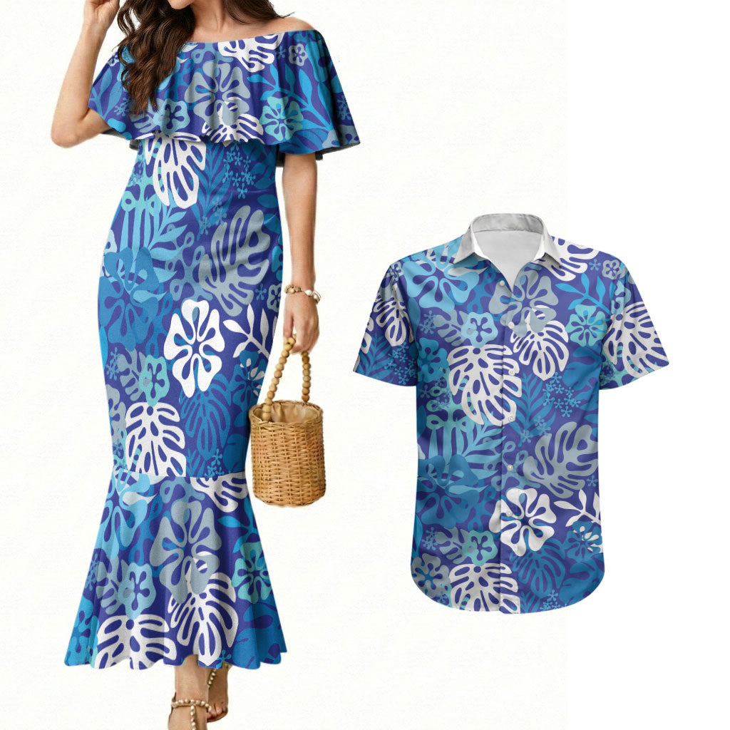 Blue Aloha Hawaiian Couples Matching Mermaid Dress and Hawaiian Shirt Monstera Hibiscus Tropical Pattern