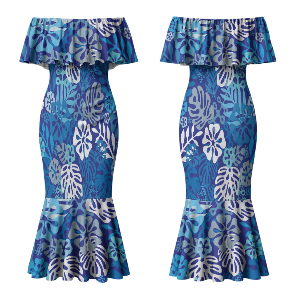 Blue Aloha Hawaiian Couples Matching Mermaid Dress and Long Sleeve Button Shirt Monstera Hibiscus Tropical Pattern
