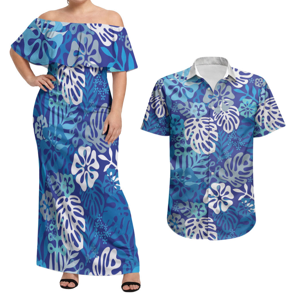 Blue Aloha Hawaiian Couples Matching Off Shoulder Maxi Dress and Hawaiian Shirt Monstera Hibiscus Tropical Pattern