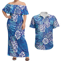 Blue Aloha Hawaiian Couples Matching Off Shoulder Maxi Dress and Hawaiian Shirt Monstera Hibiscus Tropical Pattern