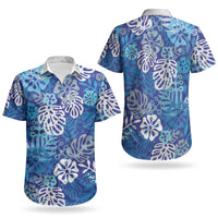 Blue Aloha Hawaiian Couples Matching Off Shoulder Maxi Dress and Hawaiian Shirt Monstera Hibiscus Tropical Pattern
