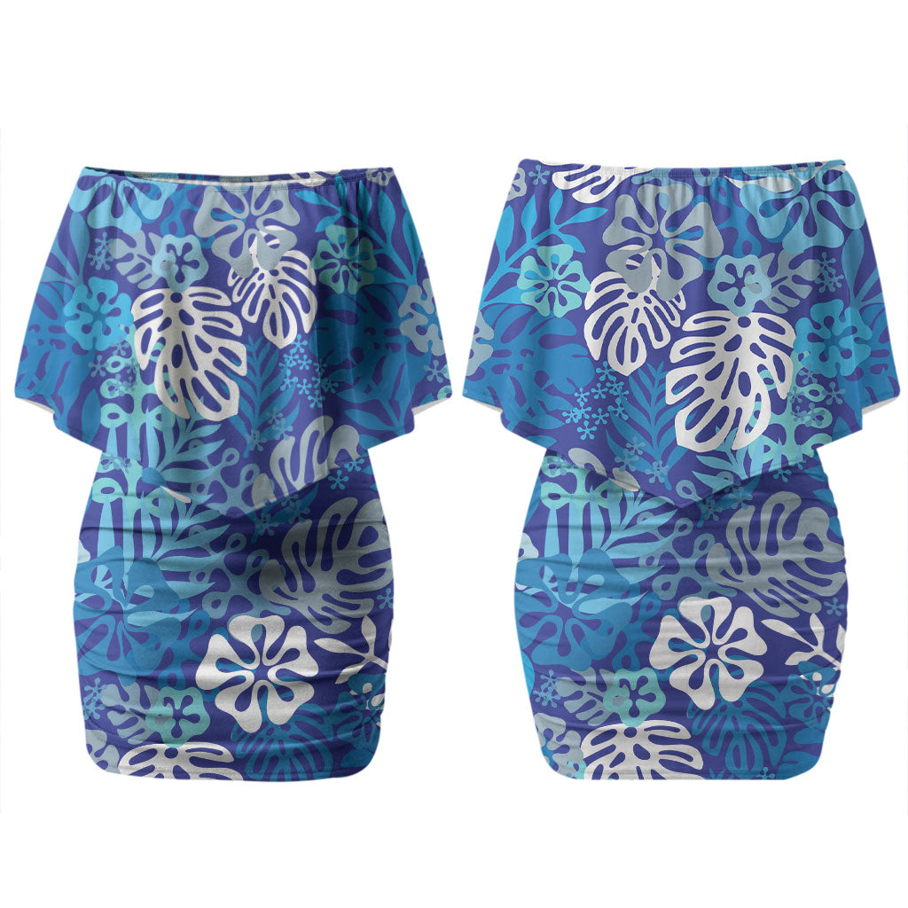 Blue Aloha Hawaiian Couples Matching Off Shoulder Short Dress and Hawaiian Shirt Monstera Hibiscus Tropical Pattern