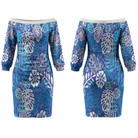 Blue Aloha Hawaiian Couples Matching Off The Shoulder Long Sleeve Dress and Hawaiian Shirt Monstera Hibiscus Tropical Pattern