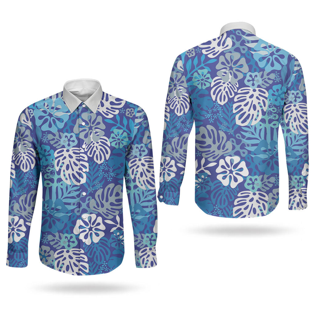 Blue Aloha Hawaiian Couples Matching Off The Shoulder Long Sleeve Dress and Long Sleeve Button Shirt Monstera Hibiscus Tropical Pattern