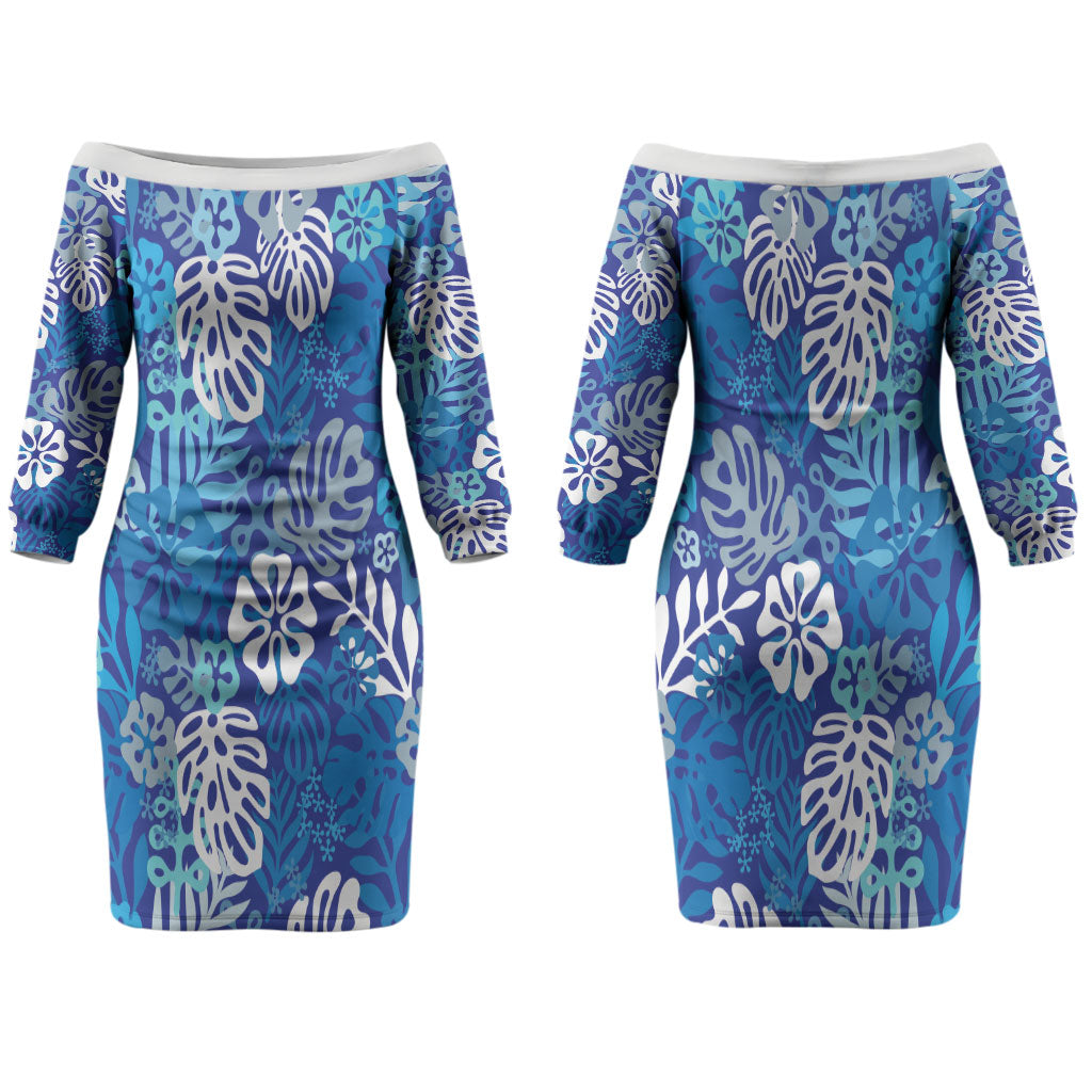 Blue Aloha Hawaiian Couples Matching Off The Shoulder Long Sleeve Dress and Long Sleeve Button Shirt Monstera Hibiscus Tropical Pattern