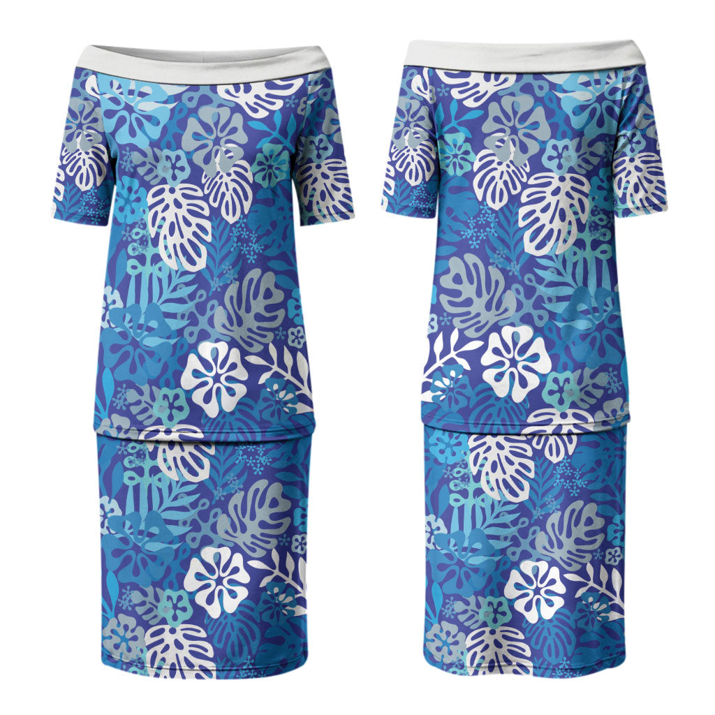 Blue Aloha Hawaiian Couples Matching Puletasi and Long Sleeve Button Shirt Monstera Hibiscus Tropical Pattern