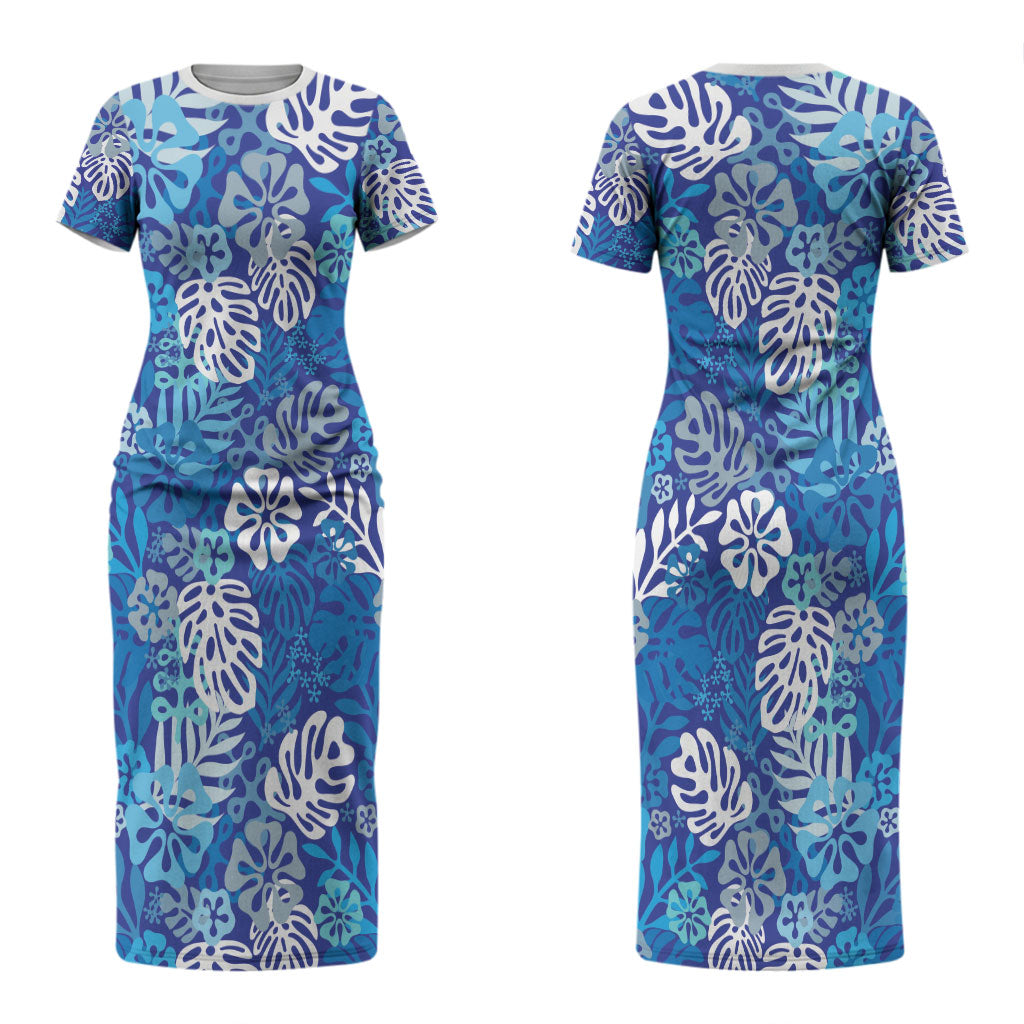 Blue Aloha Hawaiian Couples Matching Short Sleeve Bodycon Dress and Long Sleeve Button Shirt Monstera Hibiscus Tropical Pattern
