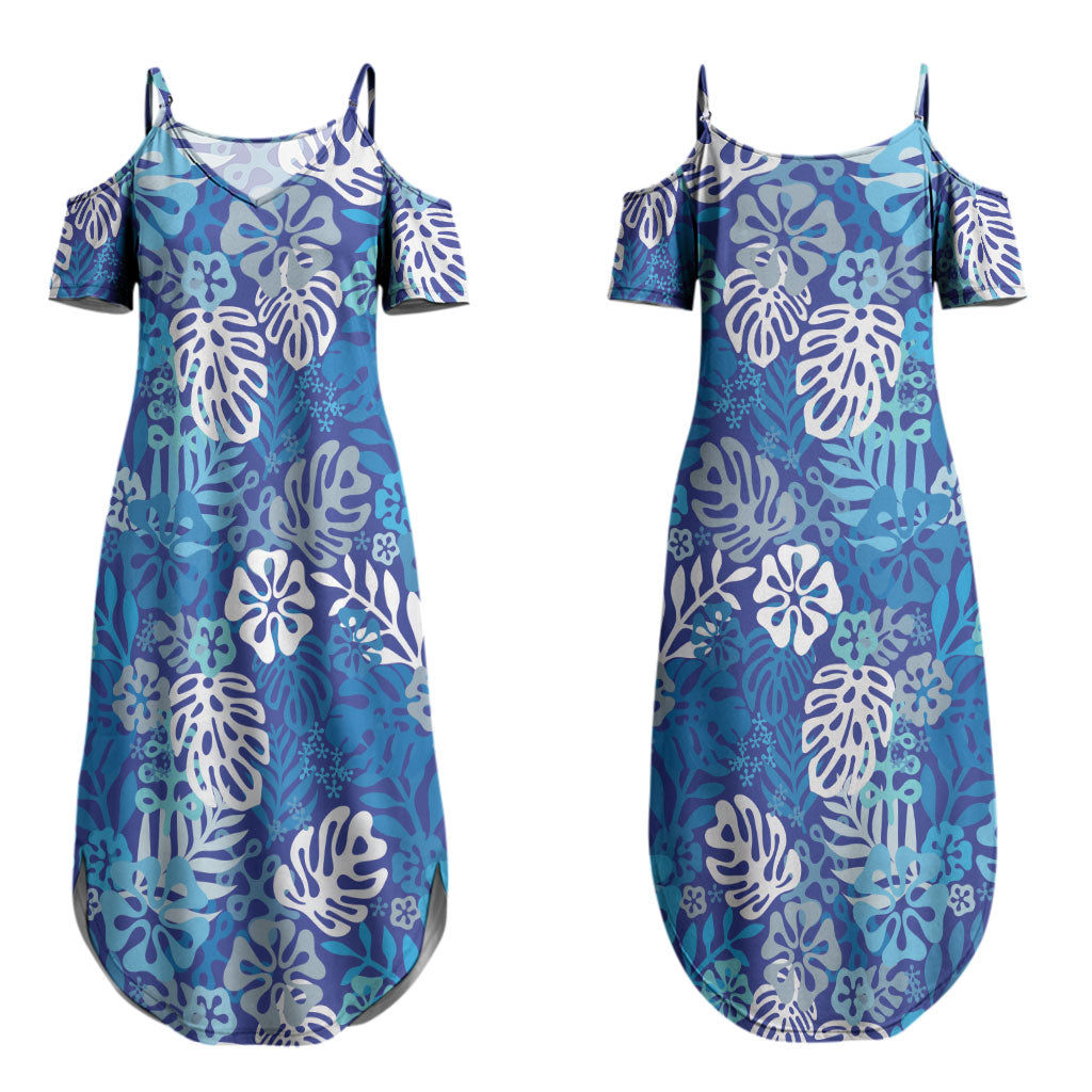 Blue Aloha Hawaiian Couples Matching Summer Maxi Dress and Hawaiian Shirt Monstera Hibiscus Tropical Pattern