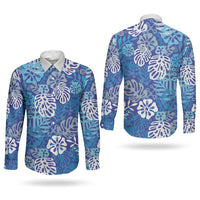 Blue Aloha Hawaiian Couples Matching Summer Maxi Dress and Long Sleeve Button Shirt Monstera Hibiscus Tropical Pattern