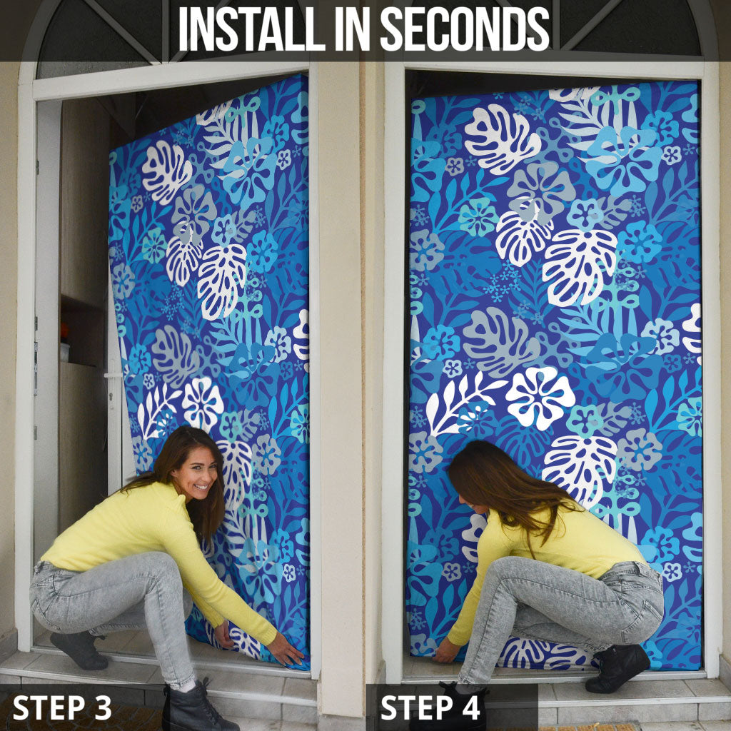 Blue Aloha Hawaiian Door Cover Monstera Hibiscus Tropical Pattern