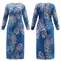 Blue Aloha Hawaiian Family Matching Long Sleeve Bodycon Dress and Hawaiian Shirt Monstera Hibiscus Tropical Pattern
