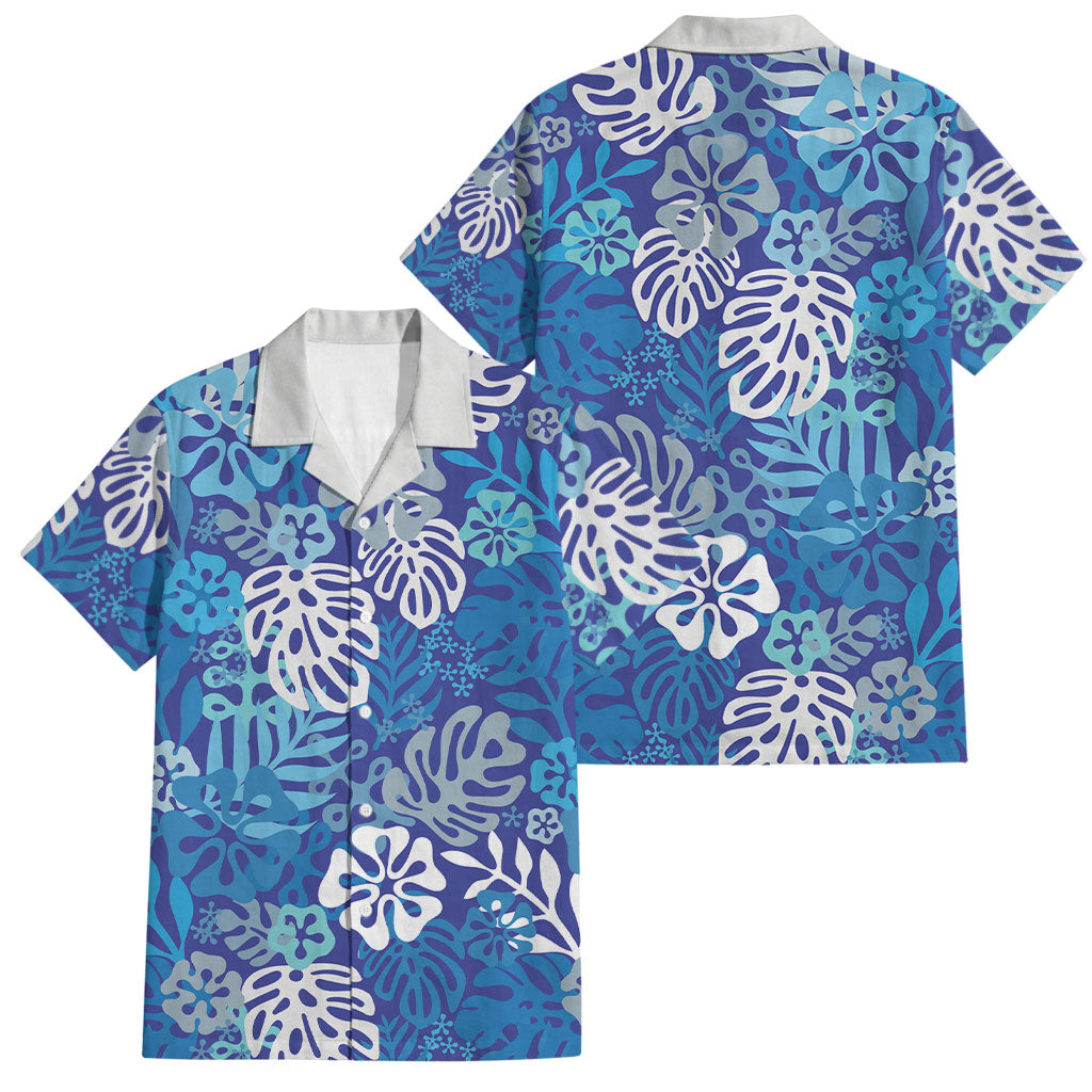 Blue Aloha Hawaiian Family Matching Off Shoulder Short Dress and Hawaiian Shirt Monstera Hibiscus Tropical Pattern