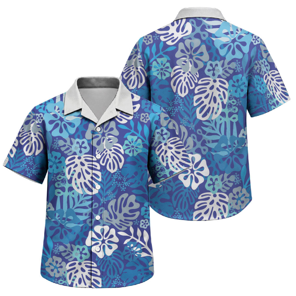 Blue Aloha Hawaiian Family Matching Off Shoulder Short Dress and Hawaiian Shirt Monstera Hibiscus Tropical Pattern