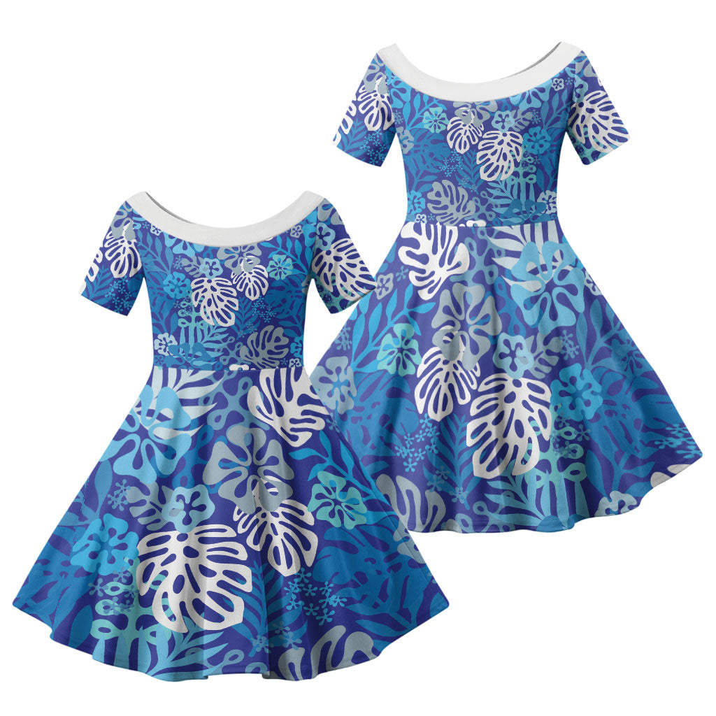 Blue Aloha Hawaiian Family Matching Short Sleeve Bodycon Dress and Hawaiian Shirt Monstera Hibiscus Tropical Pattern