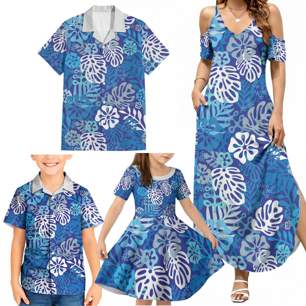 Blue Aloha Hawaiian Family Matching Summer Maxi Dress and Hawaiian Shirt Monstera Hibiscus Tropical Pattern