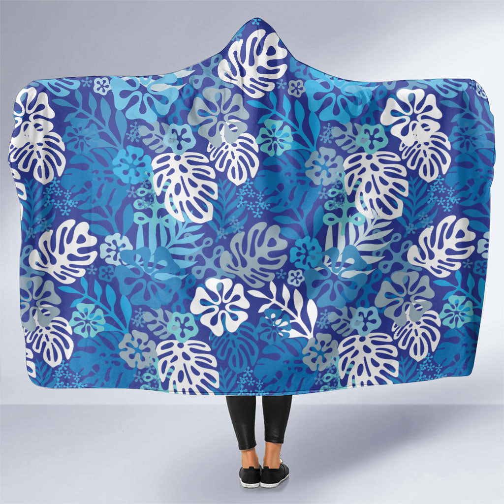 Blue Aloha Hawaiian Hooded Blanket Monstera Hibiscus Tropical Pattern