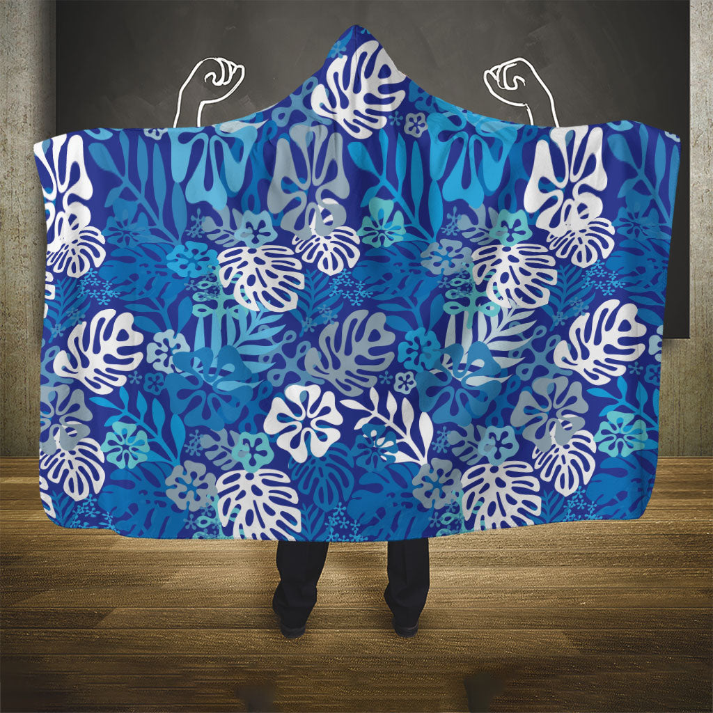 Blue Aloha Hawaiian Hooded Blanket Monstera Hibiscus Tropical Pattern