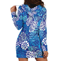 Blue Aloha Hawaiian Hoodie Dress Monstera Hibiscus Tropical Pattern