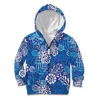 Blue Aloha Hawaiian Kid Hoodie Monstera Hibiscus Tropical Pattern