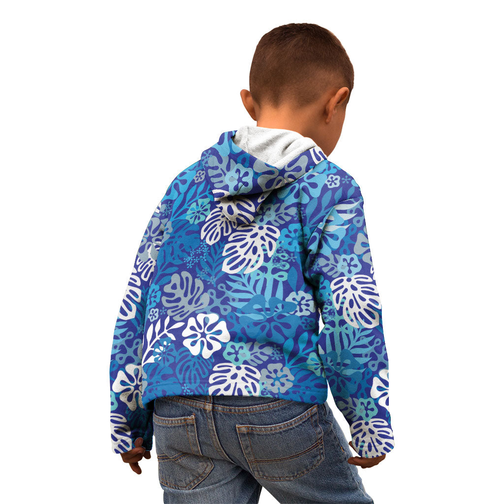 Blue Aloha Hawaiian Kid Hoodie Monstera Hibiscus Tropical Pattern