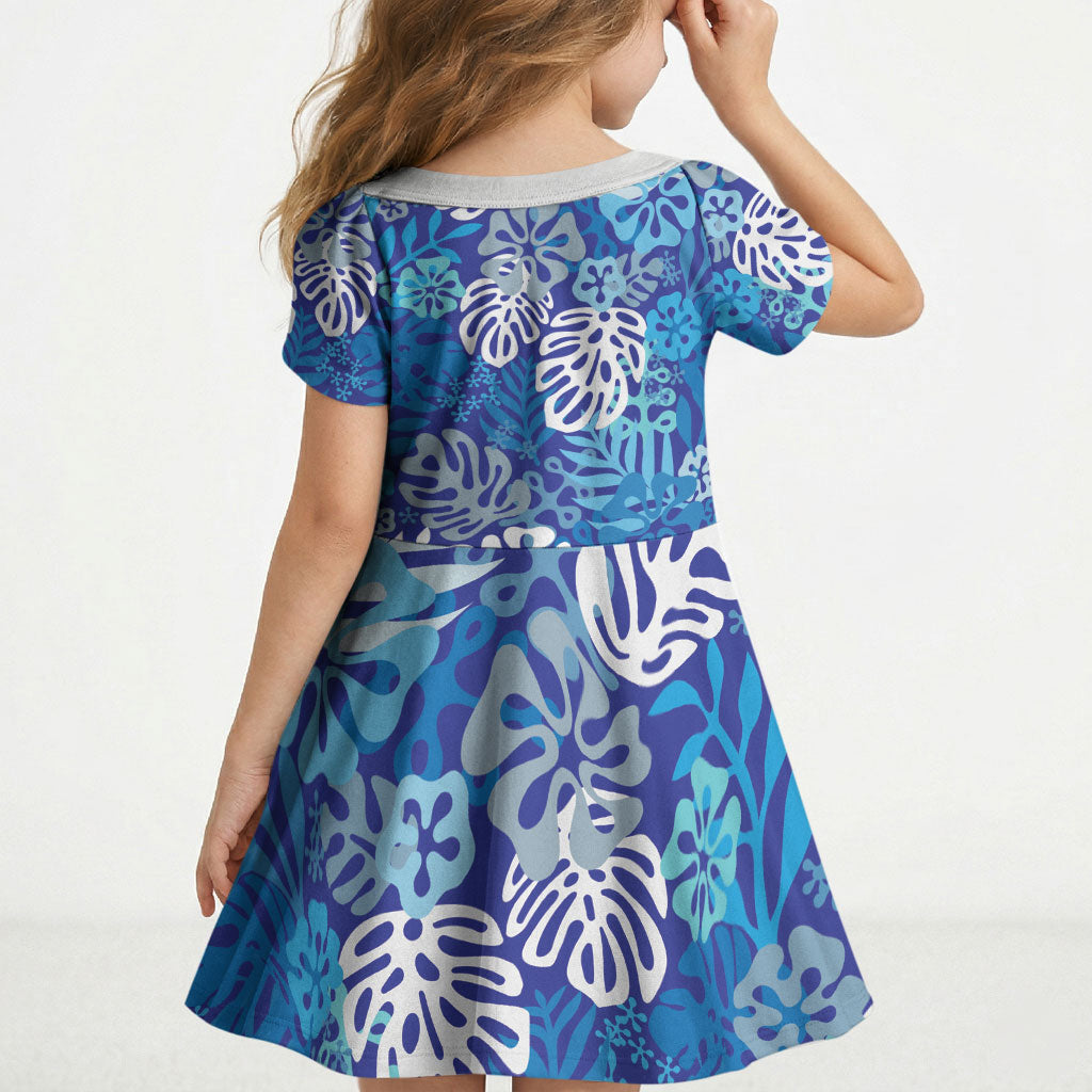 Blue Aloha Hawaiian Kid Short Sleeve Dress Monstera Hibiscus Tropical Pattern