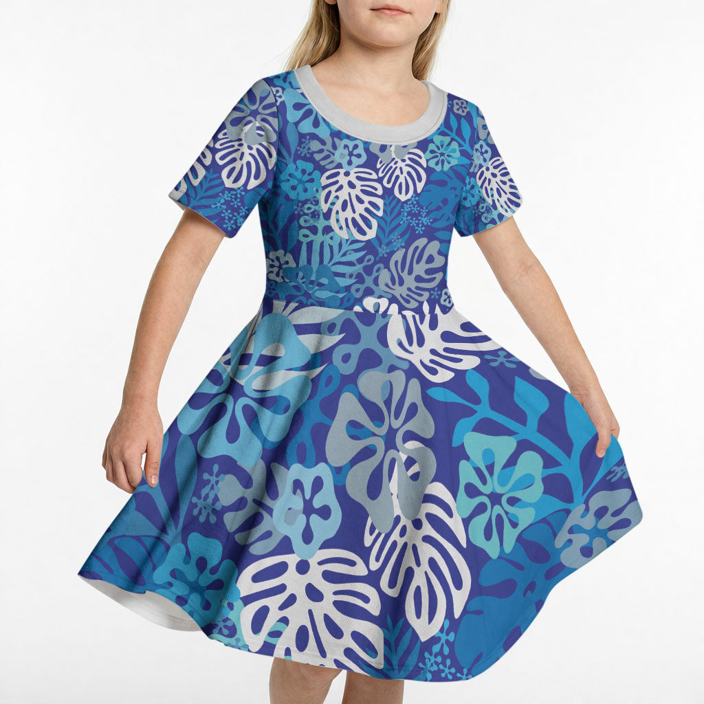 Blue Aloha Hawaiian Kid Short Sleeve Dress Monstera Hibiscus Tropical Pattern
