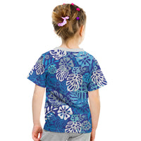 Blue Aloha Hawaiian Kid T Shirt Monstera Hibiscus Tropical Pattern