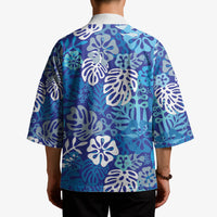 Blue Aloha Hawaiian Kimono Monstera Hibiscus Tropical Pattern