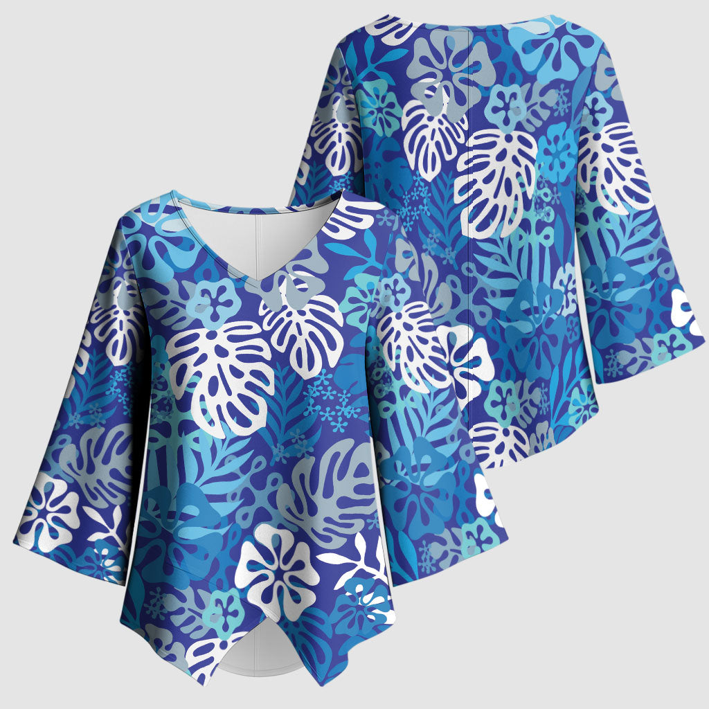 Blue Aloha Hawaiian Kimono Sleeve Blouse Monstera Hibiscus Tropical Pattern