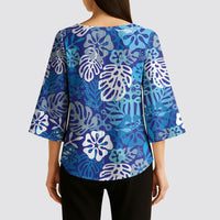 Blue Aloha Hawaiian Kimono Sleeve Blouse Monstera Hibiscus Tropical Pattern