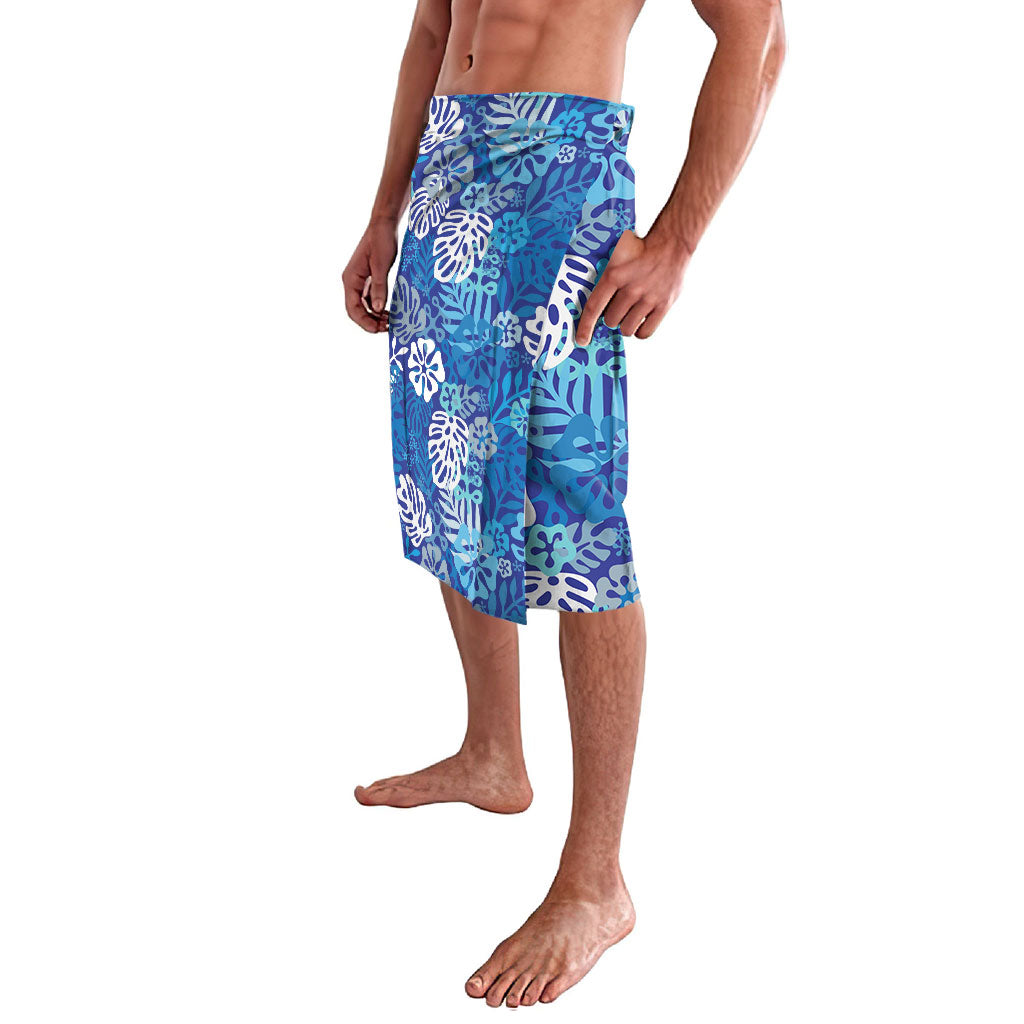 Blue Aloha Hawaiian Lavalava Monstera Hibiscus Tropical Pattern