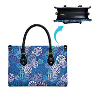 Blue Aloha Hawaiian Leather Bag Monstera Hibiscus Tropical Pattern
