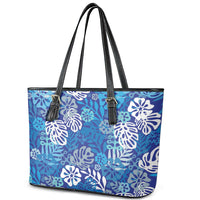 Blue Aloha Hawaiian Leather Tote Bag Monstera Hibiscus Tropical Pattern