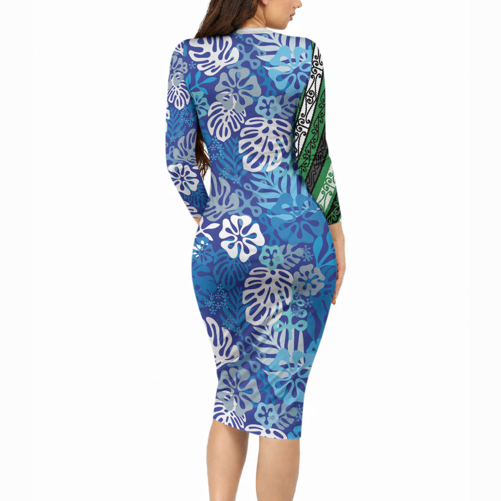 Blue Aloha Hawaiian Long Sleeve Bodycon Dress Monstera Hibiscus Tropical Pattern