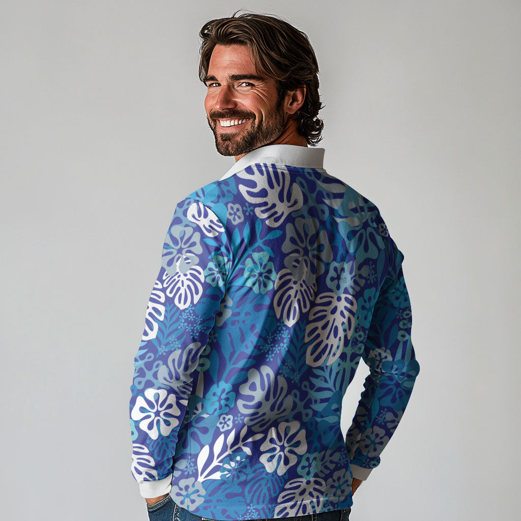 Blue Aloha Hawaiian Long Sleeve Polo Shirt Monstera Hibiscus Tropical Pattern