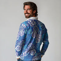 Blue Aloha Hawaiian Long Sleeve Polo Shirt Monstera Hibiscus Tropical Pattern