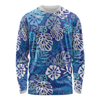 Blue Aloha Hawaiian Long Sleeve Shirt Monstera Hibiscus Tropical Pattern