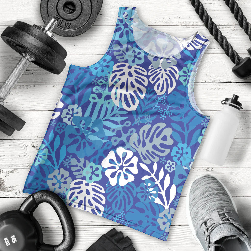 Blue Aloha Hawaiian Men Tank Top Monstera Hibiscus Tropical Pattern