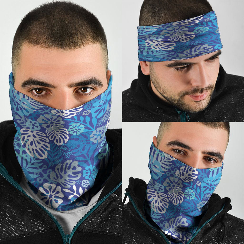 Blue Aloha Hawaiian Neck Gaiter Monstera Hibiscus Tropical Pattern