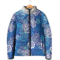 Blue Aloha Hawaiian Padded Jacket Monstera Hibiscus Tropical Pattern