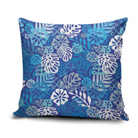 Blue Aloha Hawaiian Pillow Cover Monstera Hibiscus Tropical Pattern